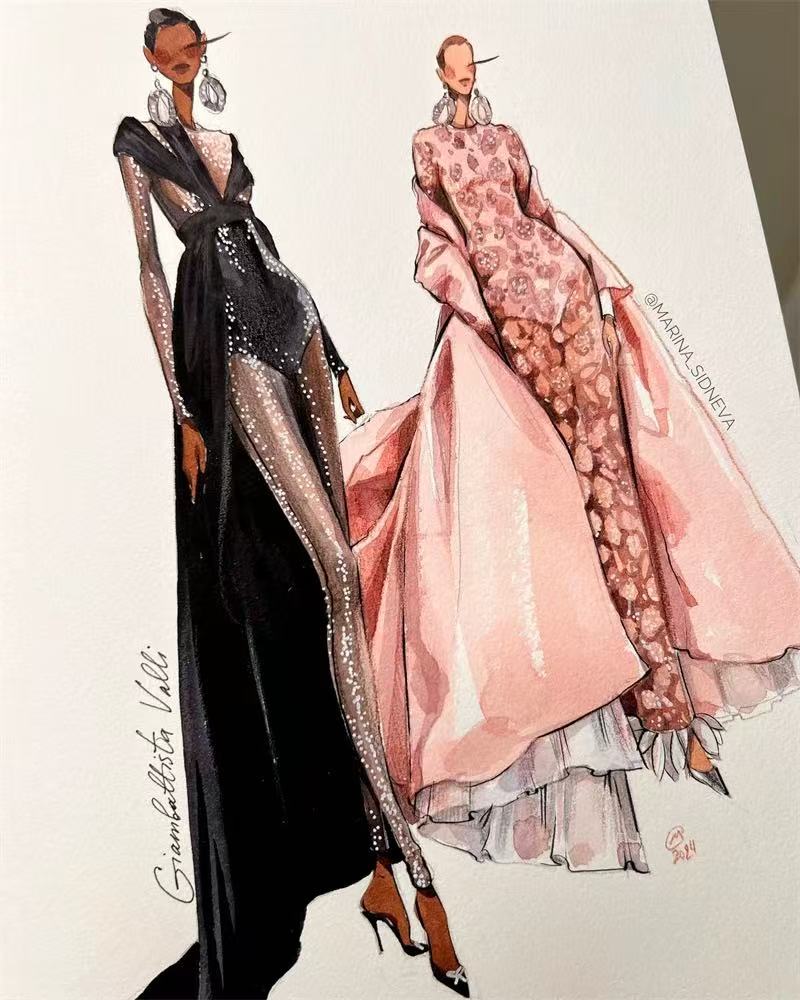 Foreign clothing illustrator Marina watercolor clothing design hand-drawn effect drawing INS dress hand-painted manuscript material