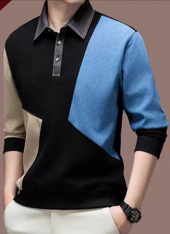 High-Quality Trendy Brand Men's Long-Sleeve Polo Shirts, Fashionable Loose-Fit Color-Block Patchwork Casual Collared Long-Sleeve Tees for Spring and Autumn