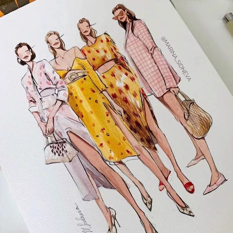 Foreign clothing illustrator Marina watercolor clothing design hand-drawn effect drawing INS dress hand-painted manuscript material