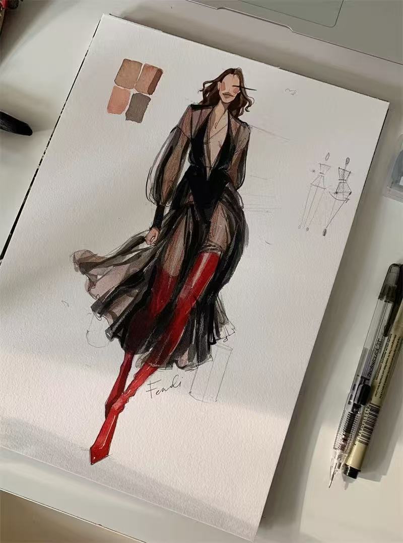 Foreign clothing illustrator Marina watercolor clothing design hand-drawn effect drawing INS dress hand-painted manuscript material