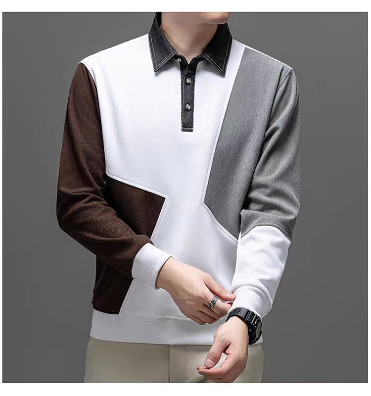 High-Quality Trendy Brand Men's Long-Sleeve Polo Shirts, Fashionable Loose-Fit Color-Block Patchwork Casual Collared Long-Sleeve Tees for Spring and Autumn