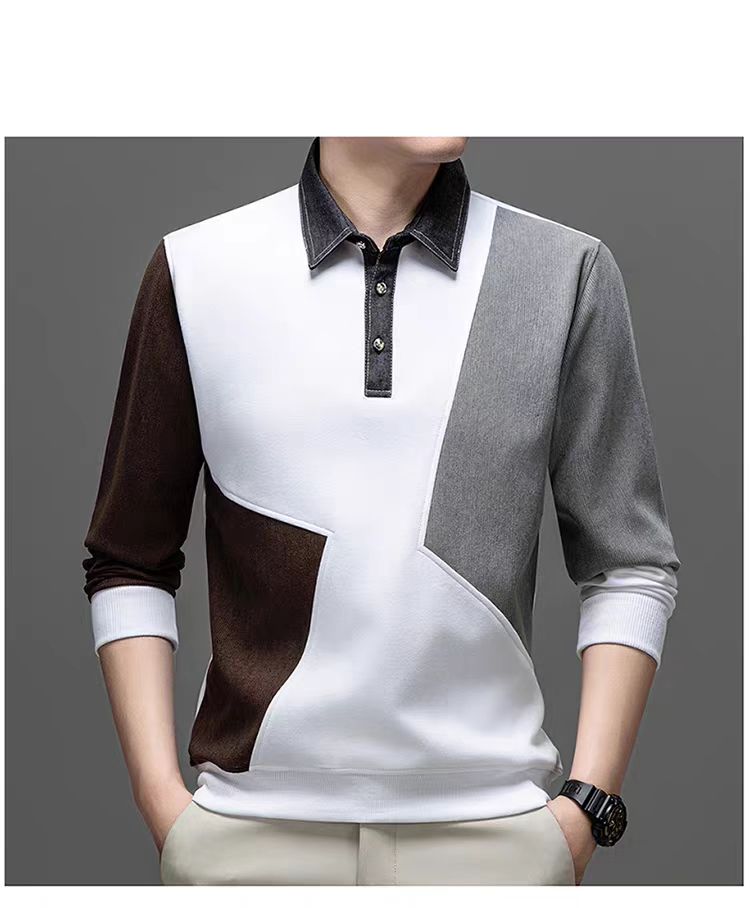 High-Quality Trendy Brand Men's Long-Sleeve Polo Shirts, Fashionable Loose-Fit Color-Block Patchwork Casual Collared Long-Sleeve Tees for Spring and Autumn